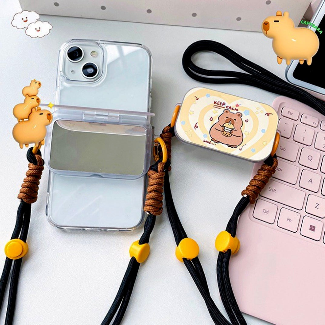 Small Capybara Sling Hanging Rope Flip Makeup Mirror Phone Stand