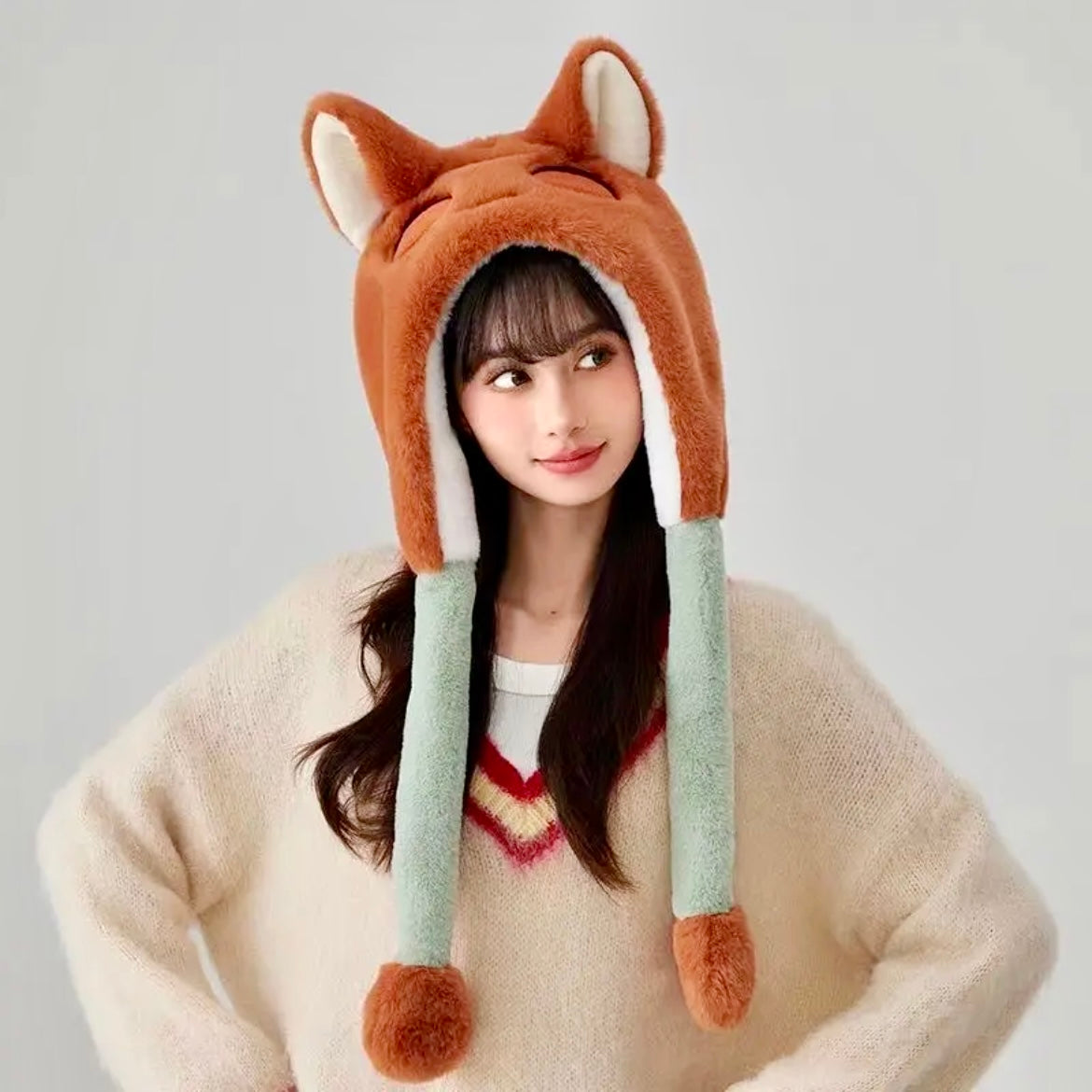 【Ahhkawaii】Winter New Cute Fox and Rabbit Hat, Scarf, and Gloves Three-in-One Plush Set
