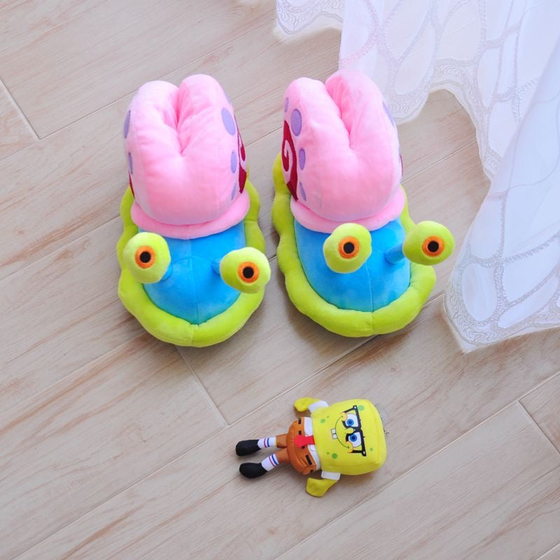 【Ahhkawaii】Cute SpongeBob Creative Snail Winter Couple Warm Home Cotton Slippers