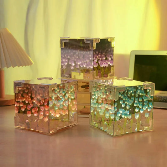 2024 New Rubik's Cube Mirror Tulip Flower Sea Night Light