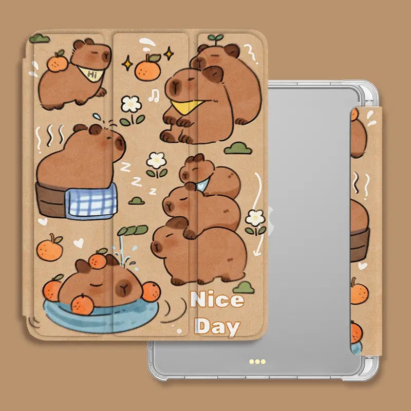 Cute Cartoon Capybara iPad Silicone Tri-fold Protective Case with Pen Slot