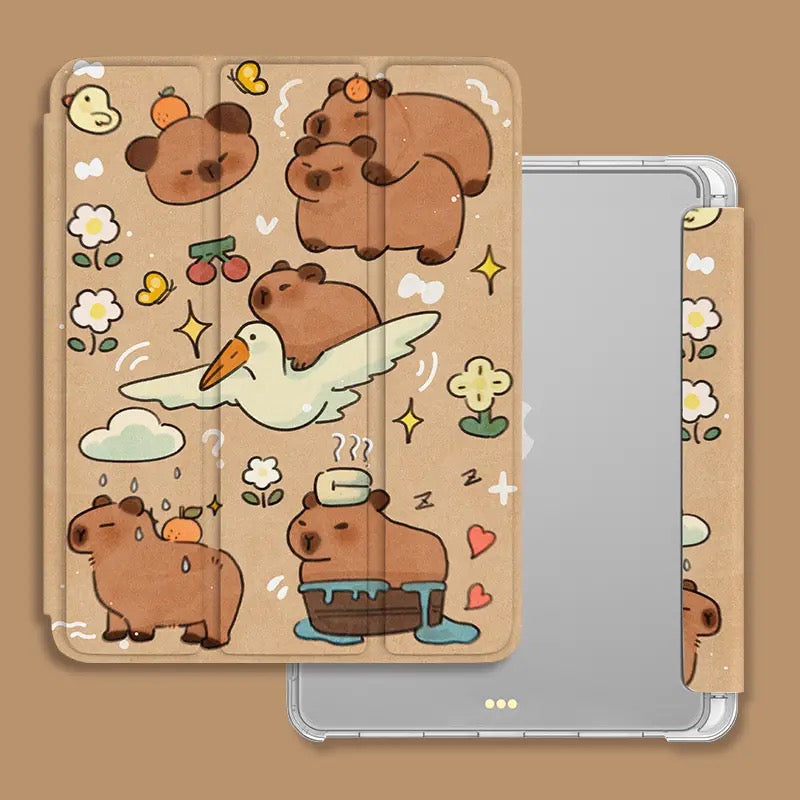 Cute Cartoon Capybara iPad Silicone Tri-fold Protective Case with Pen Slot