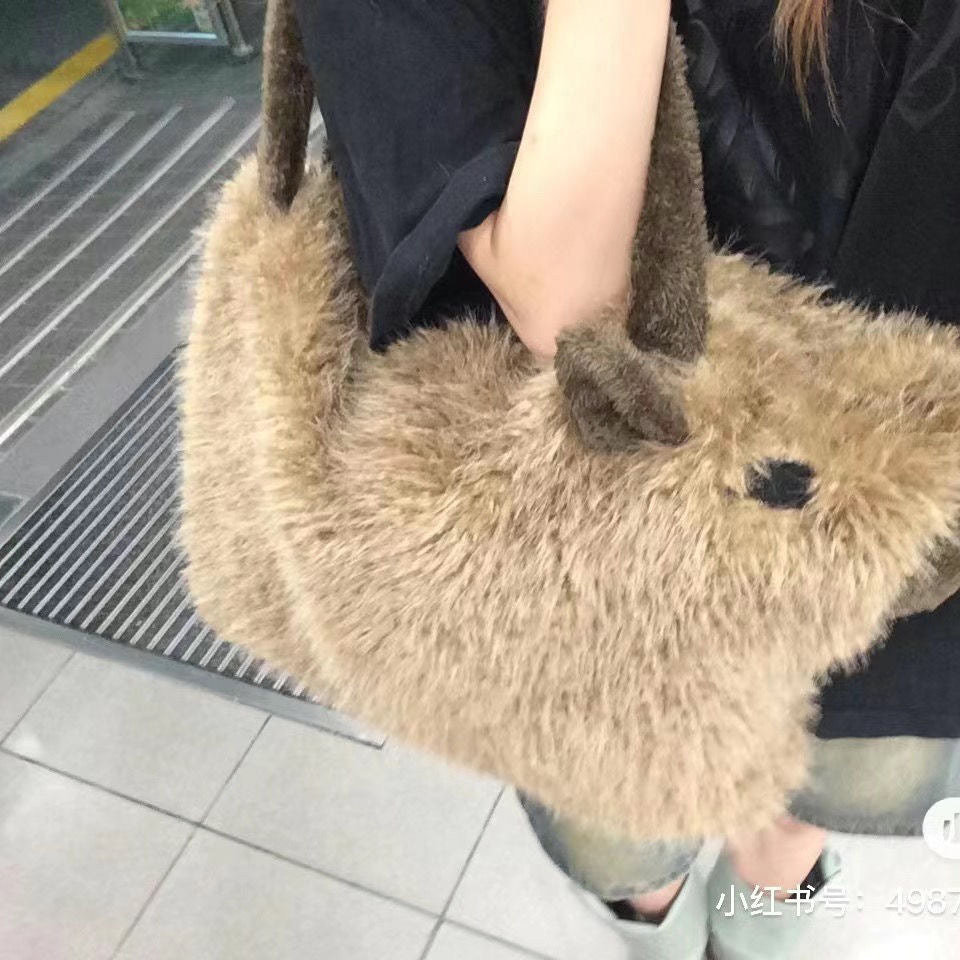 【Ahhkawaii】2023 New Capybara Winter Large Capacity Single-Shoulder Plush Women's Bag Tote Bag