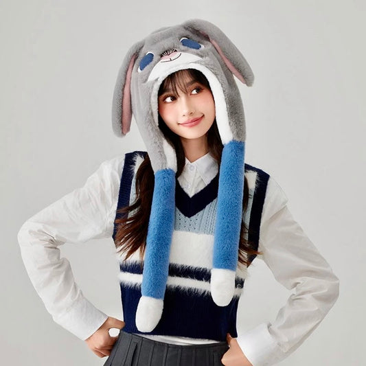 【Ahhkawaii】Winter New Cute Fox and Rabbit Hat, Scarf, and Gloves Three-in-One Plush Set